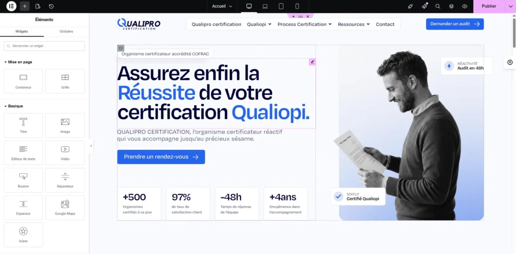 Interface d'un outil No-Code pour la création de site web avec glisser-déposer