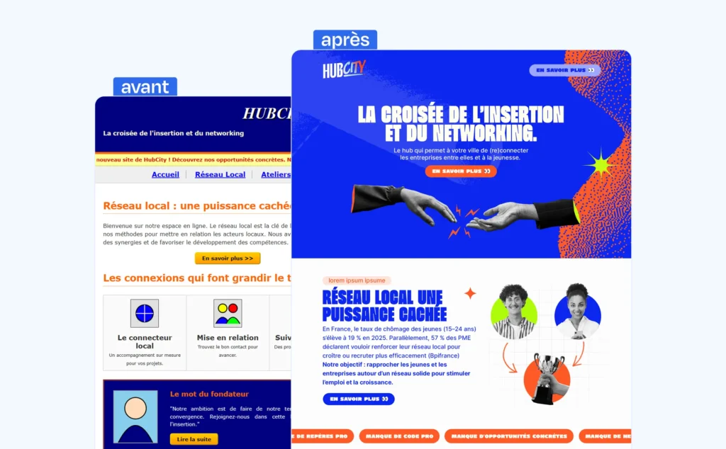 Comparatif visuel entre un site web sans branding et une refonte sur-mesure