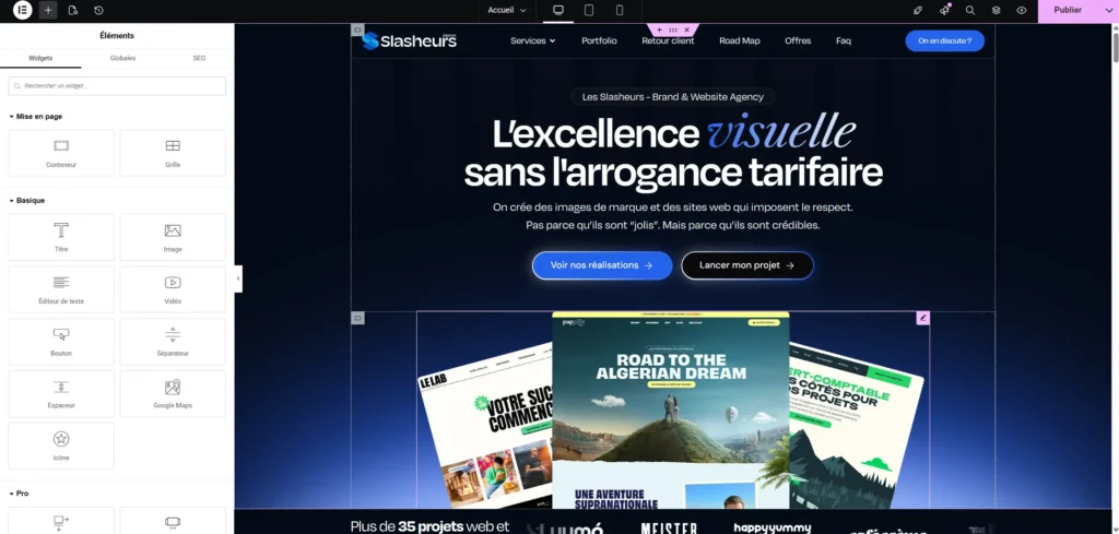 Interface visuelle de création de site web par glisser-déposer avec le page builder Elementor